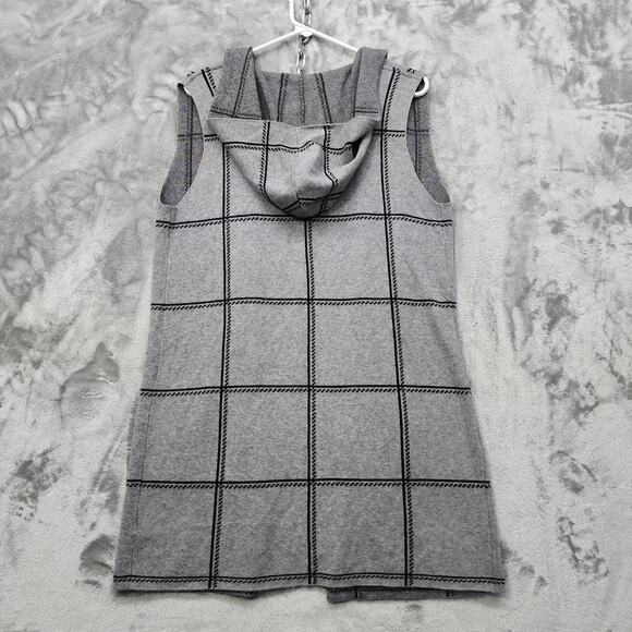 89th + Madison Cardigan Womens M Gray Black Plaid Hooded Open Front Sleeveless - Picture 2 of 9